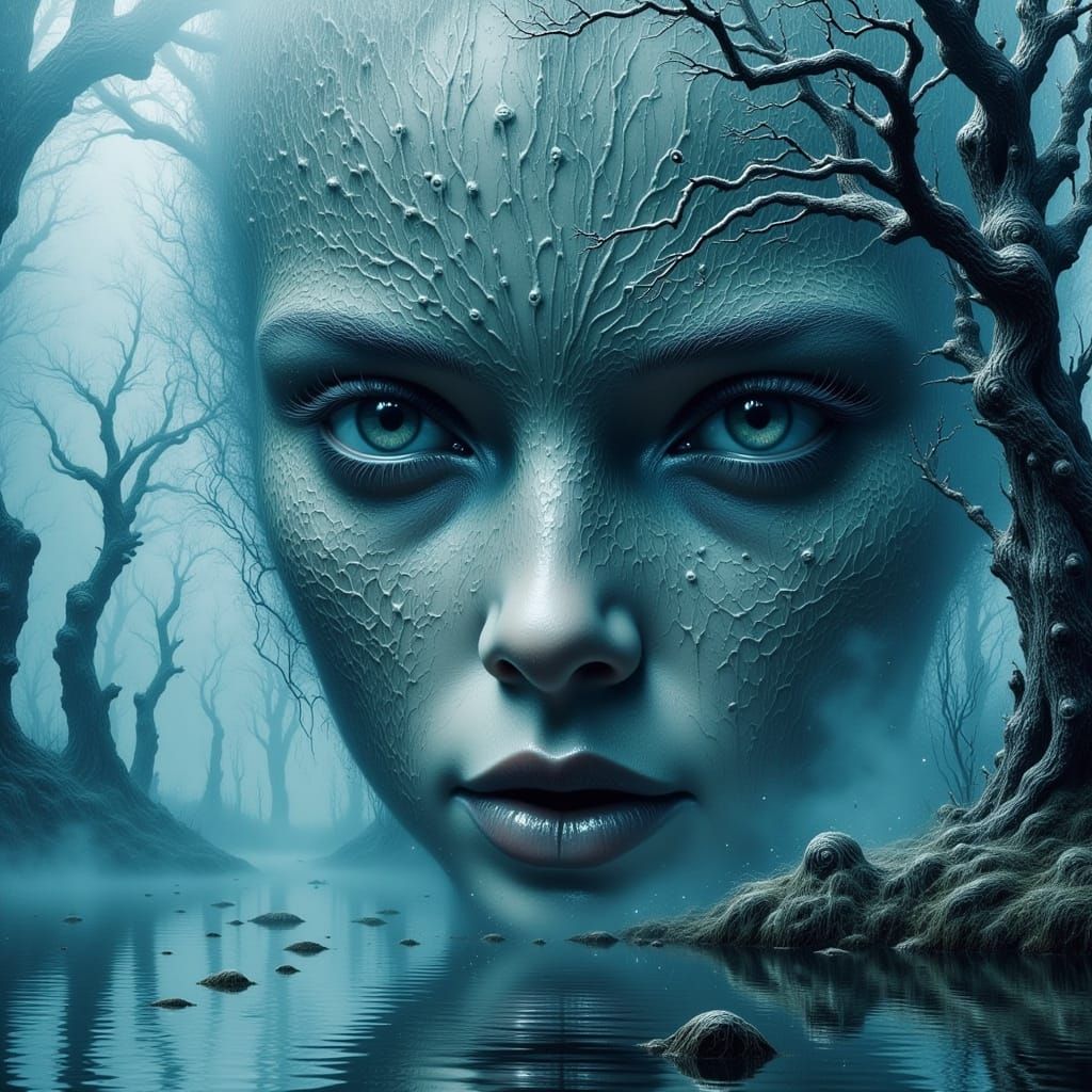 Ethereal Portrait in Dreamlike Swamp Landscape