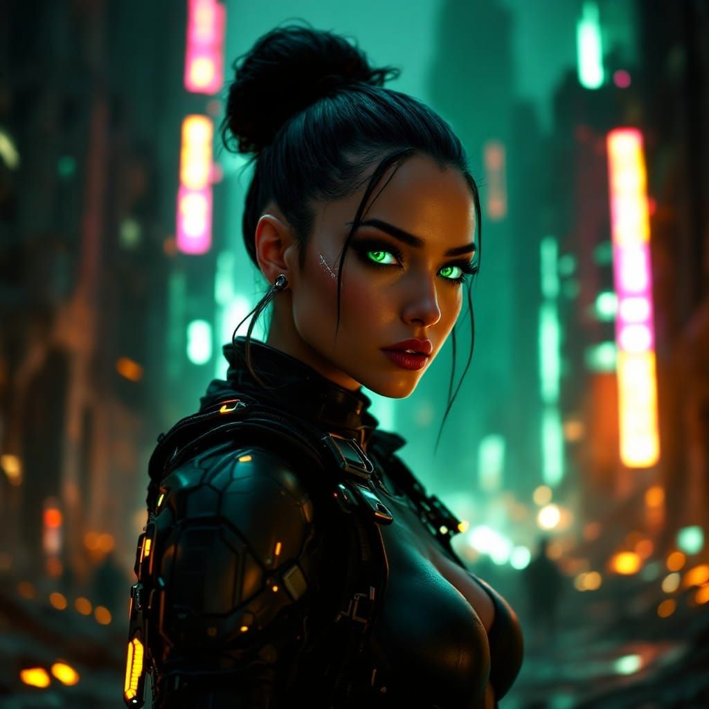 Cybernetic Operative Embodies Power in Ruined Cityscape