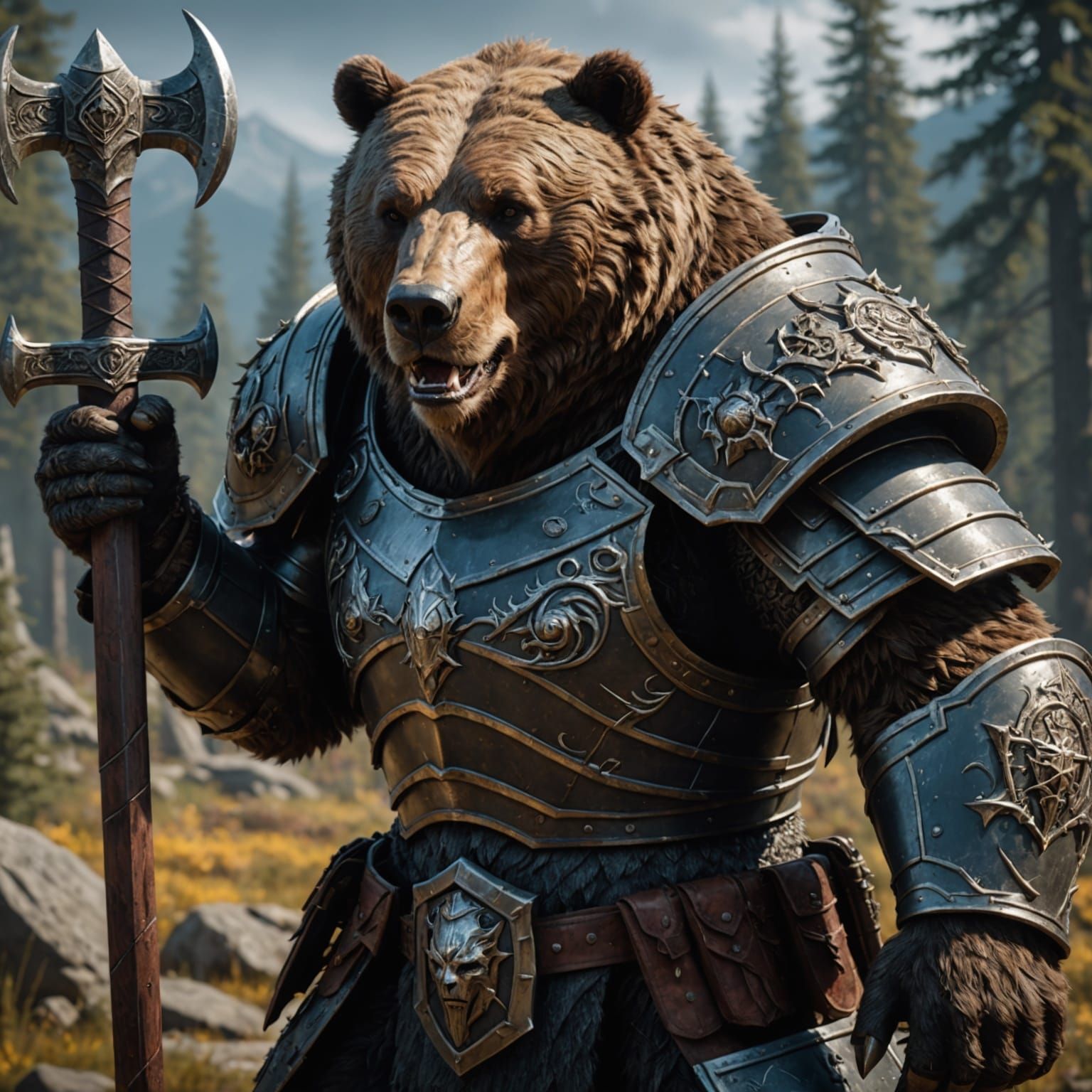 Armored Grizzly Bear Knight with War Hammer