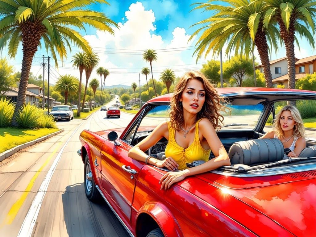 Hyperrealistic Summer Road Trip Scene in the Style of 80s Ne...