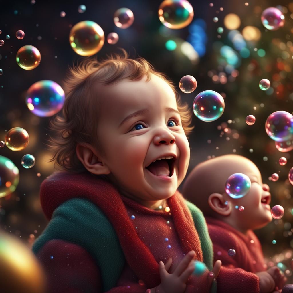 Babies Laughing at Bubbles: Christmas Fantasy Art