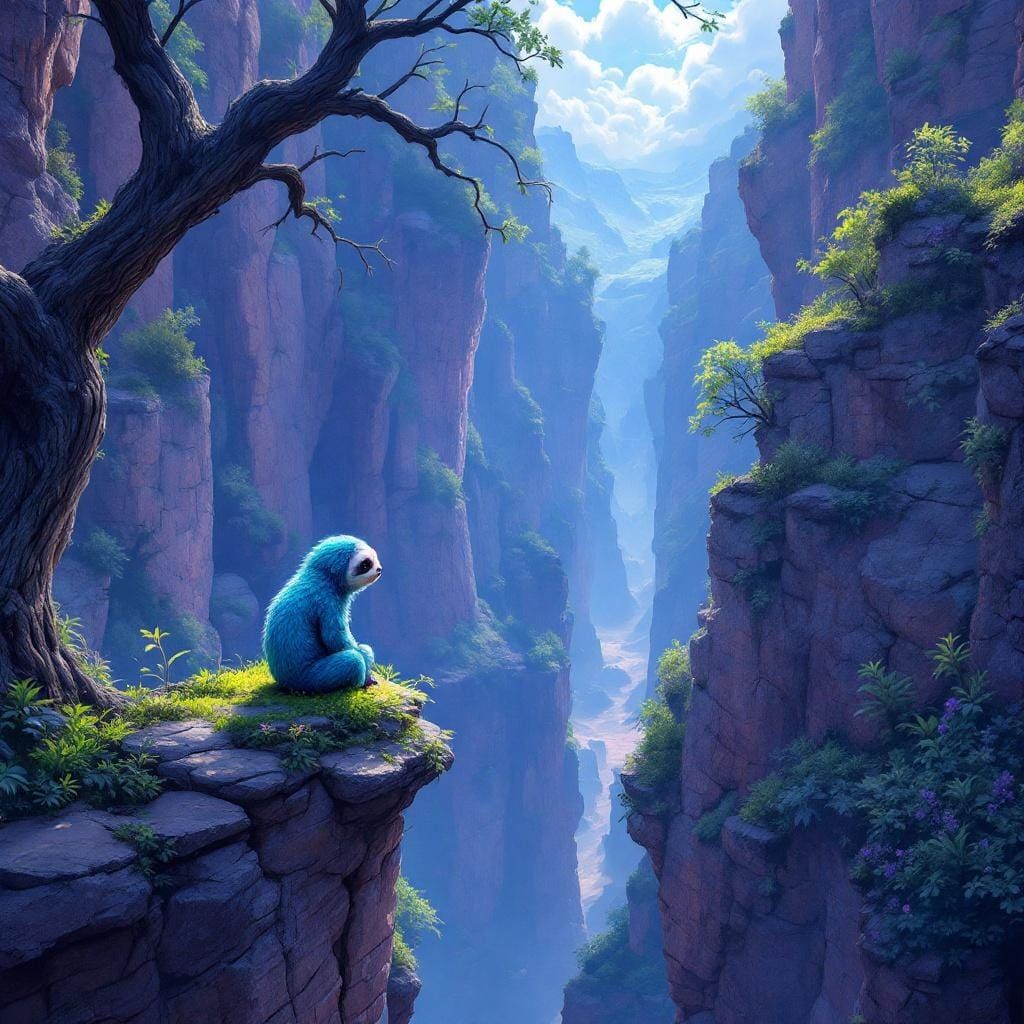 Turquoise and Purple Sloth Overlooking Rocky Crevice
