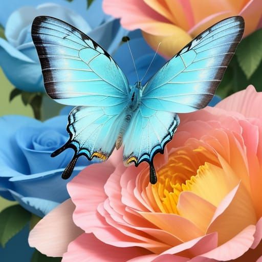 Delicate Blue Butterfly on Peach Roses in Pastel Hues