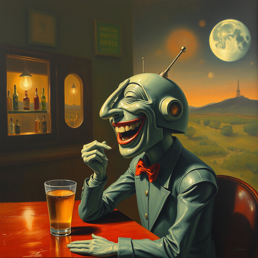 Laughing Android in Pub: Surreal Oil Painting