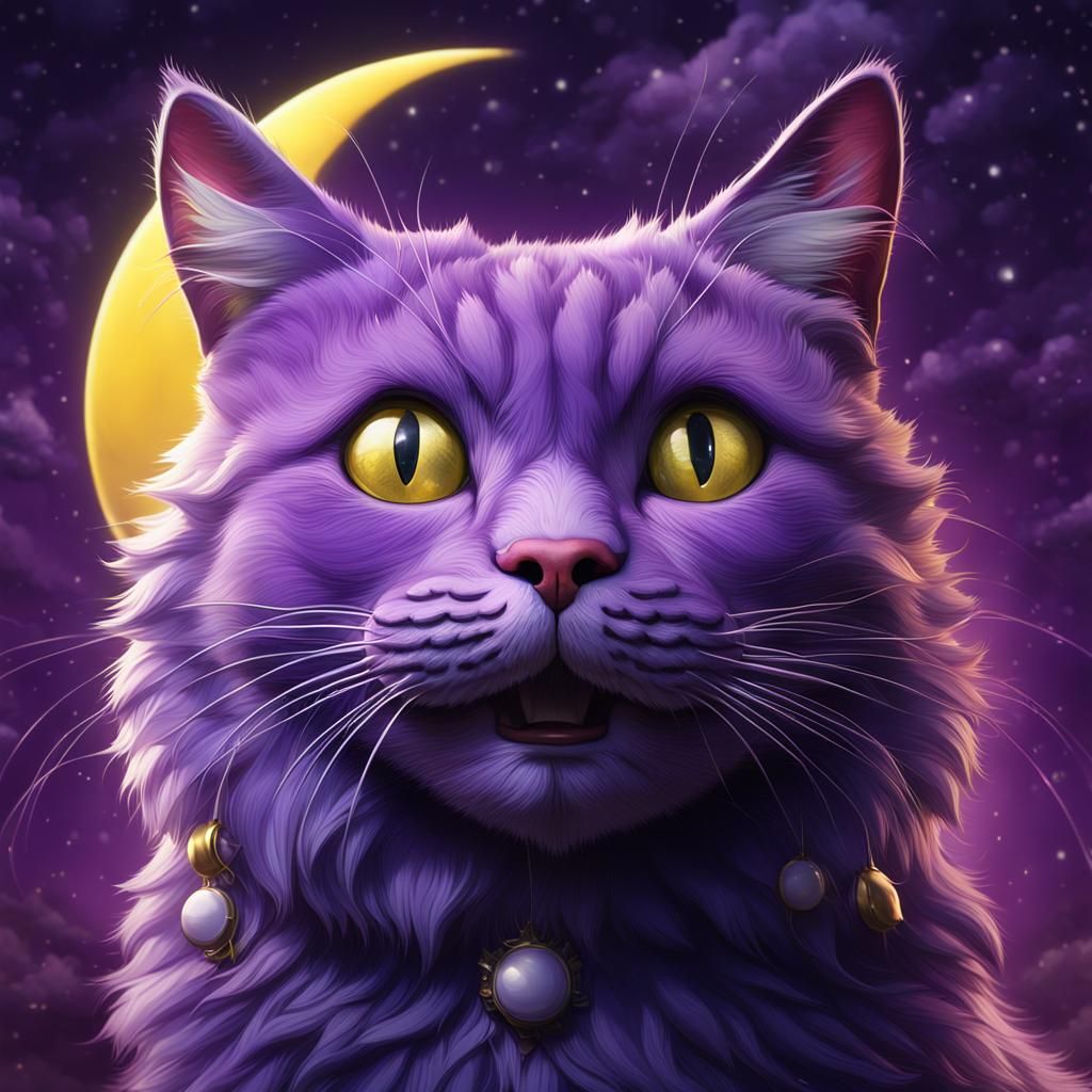 Realistic Purple Cat with Moon, Detailed Matte Painting