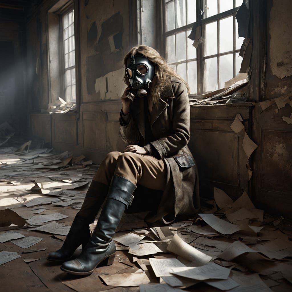 Woman in WWI Mask Amidst Battlefield Ruins