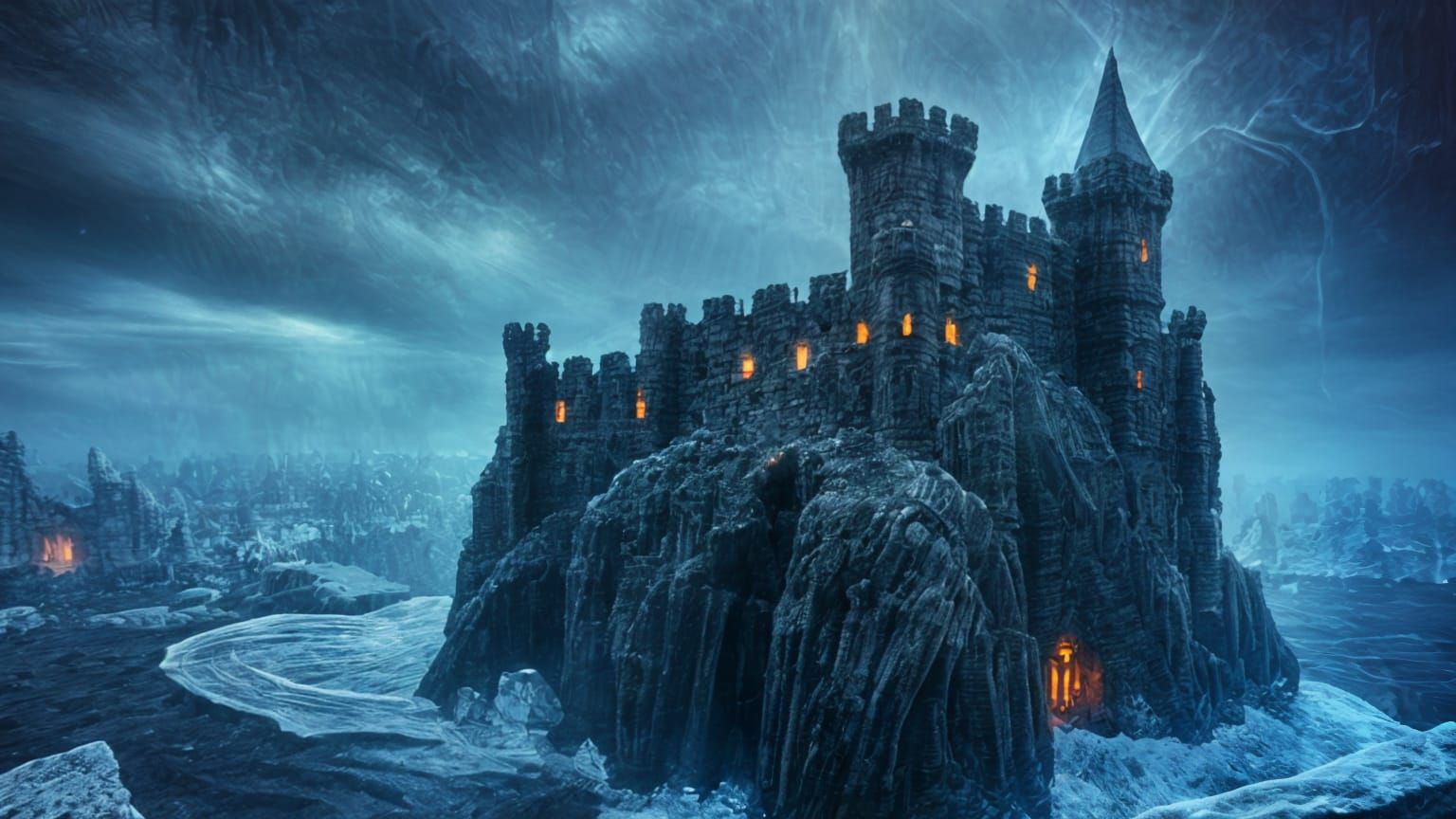 Dark Fantasy Castle Amidst Arctic Storm