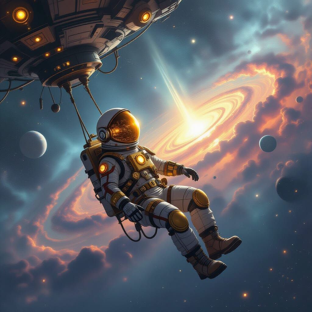 Steampunk Astronaut Near Derelict Space Station in Nebula