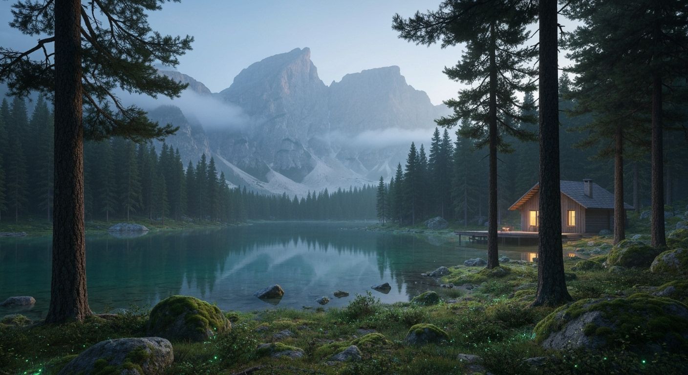 Serene Woodland Cabin at Dusk: Hyperrealistic Photography