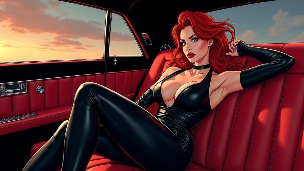 Redhead Femme Fatale in Limousine, Digital Art