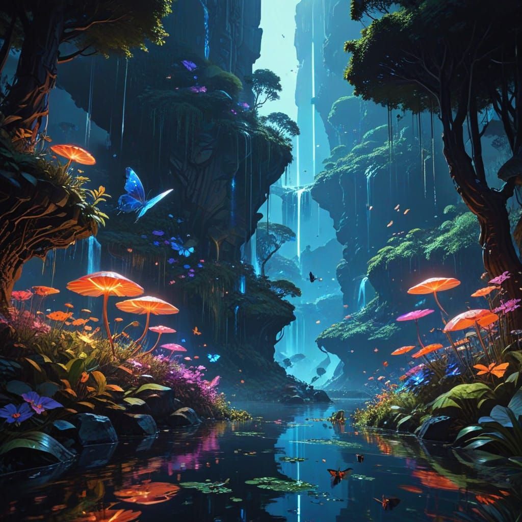 Surreal Digital Garden Landscape with Floating Islands and I...