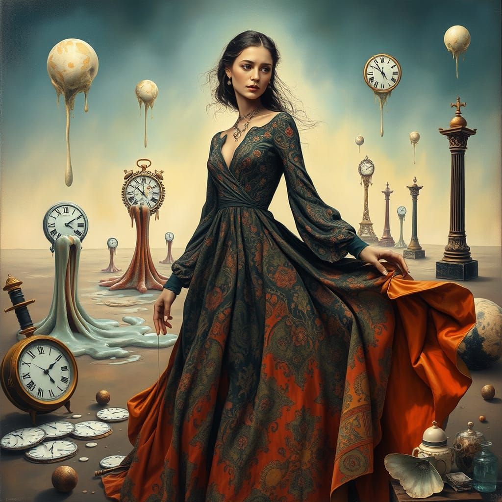 Enigmatic Woman Lost in Surrealist Dreamscape