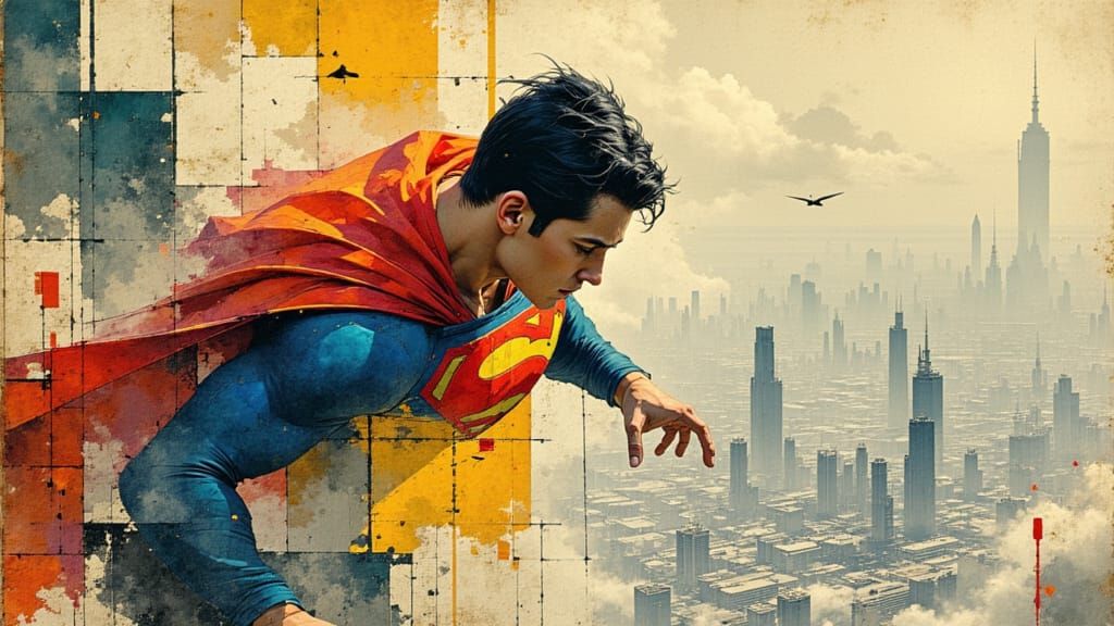 Superman in Metropolis: Dynamic Watercolor Comic Art