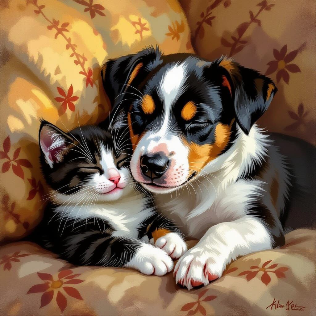Jack Russell Terrier and Kitten Snuggle in Oil Painting Styl...