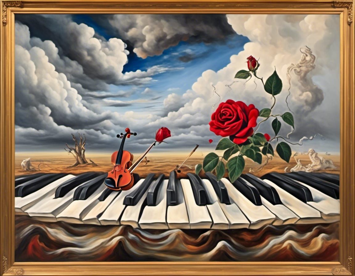 Surreal Cracked Land with Rose, Violin and Hearts