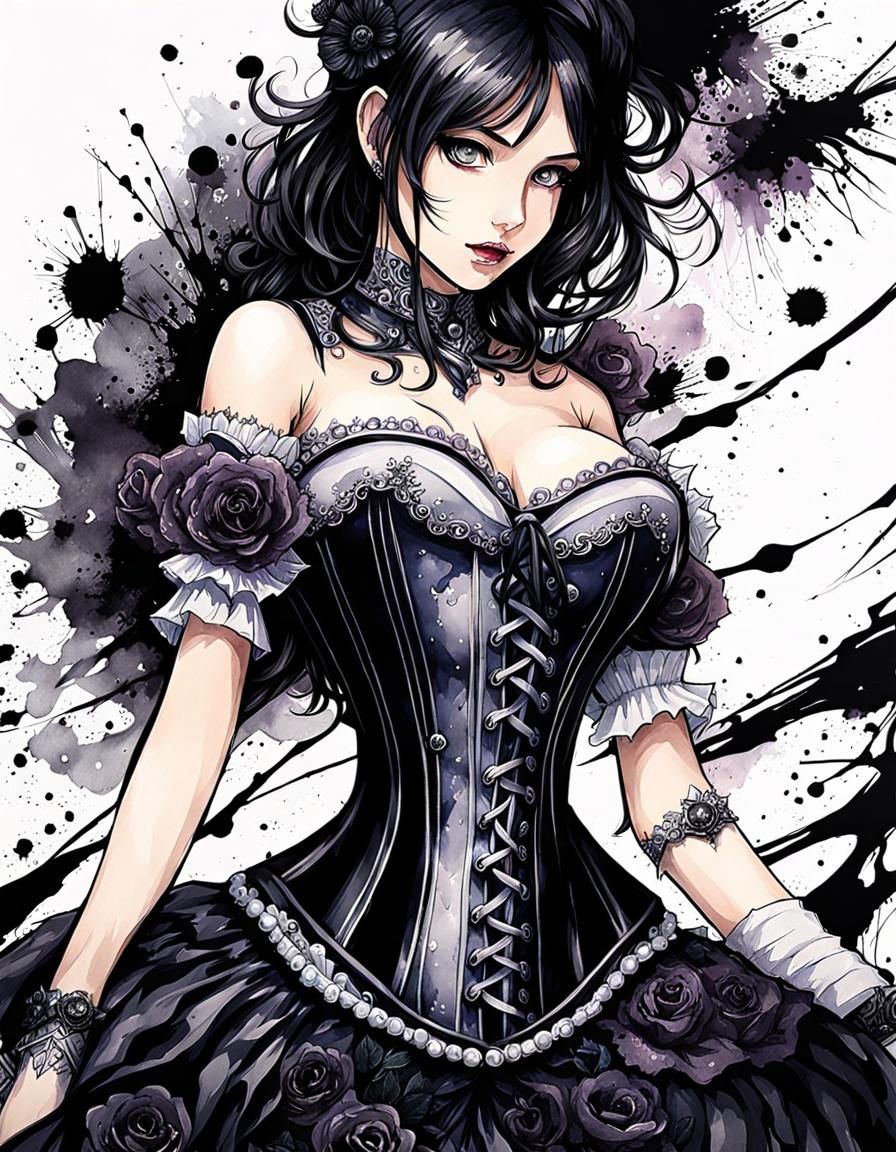 Cute Goth Anime Girl in Ink Splatter Art