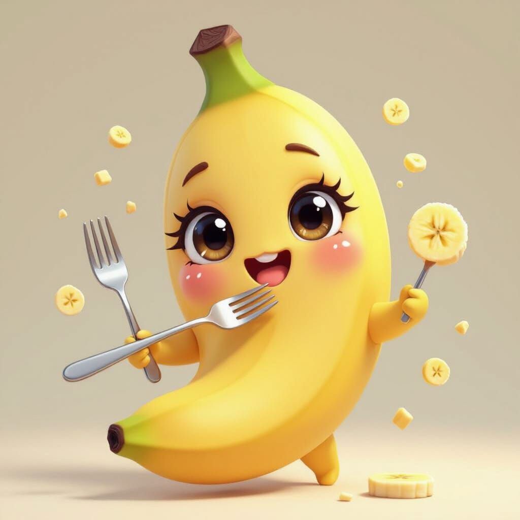 Cute Kawaii Banana Character Eating Banana Slice