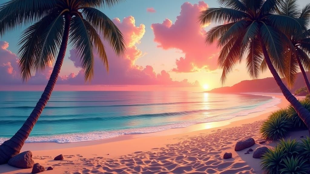 Golden Sunset Beach with Palm Trees in Photorealistic Style