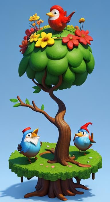 Cute Cartoon Bird with Cherry and Gnomes, 3D Art