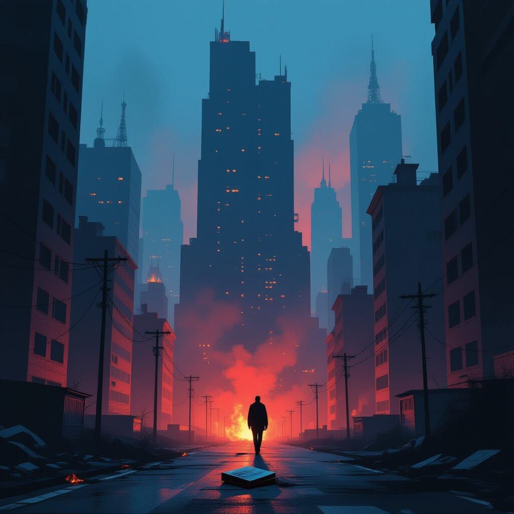 Dystopian Cityscape with Smoldering Book