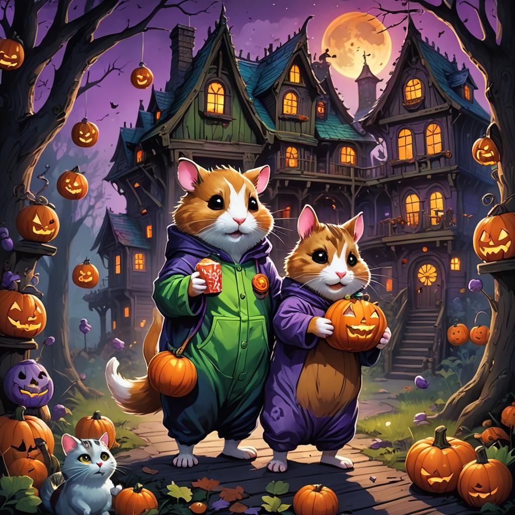 Hamster and Cat Trick-or-Treaters in Dark Fantasy Art