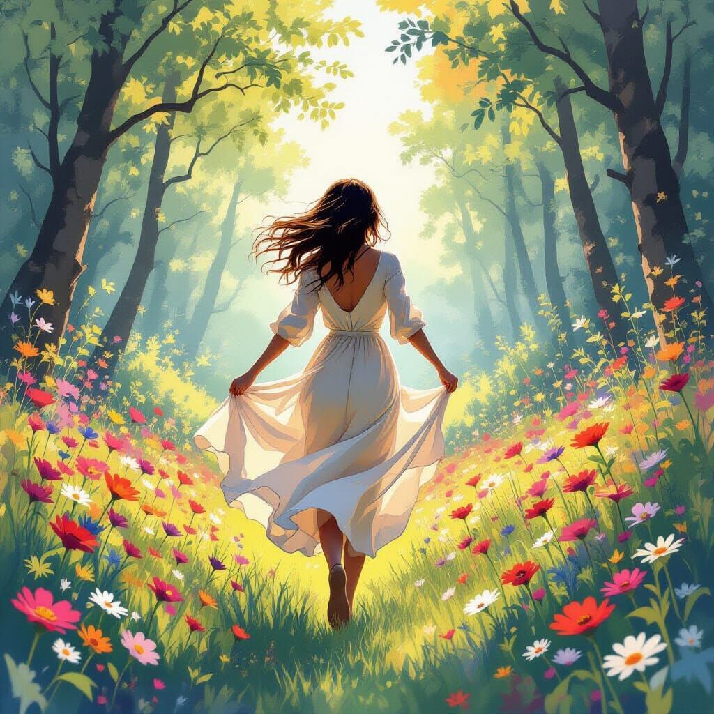 Woman Runs Through Whimsical Forest in Digital Art Style