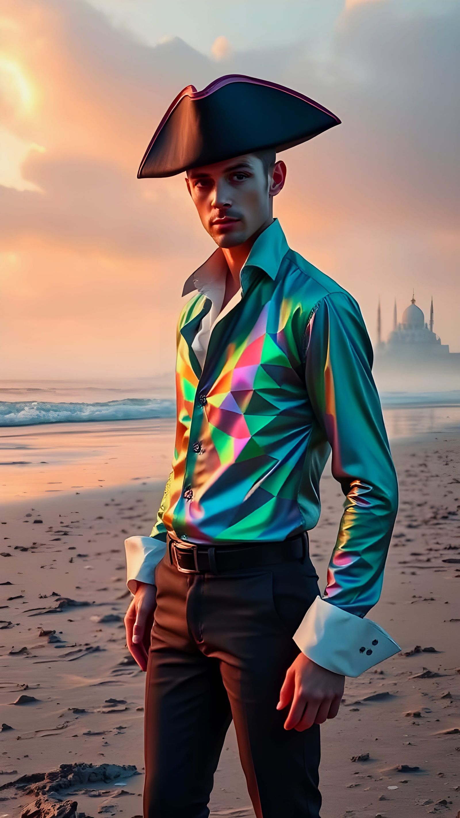 Dapper Gentleman in 18th Century Attire with Geometric Shirt