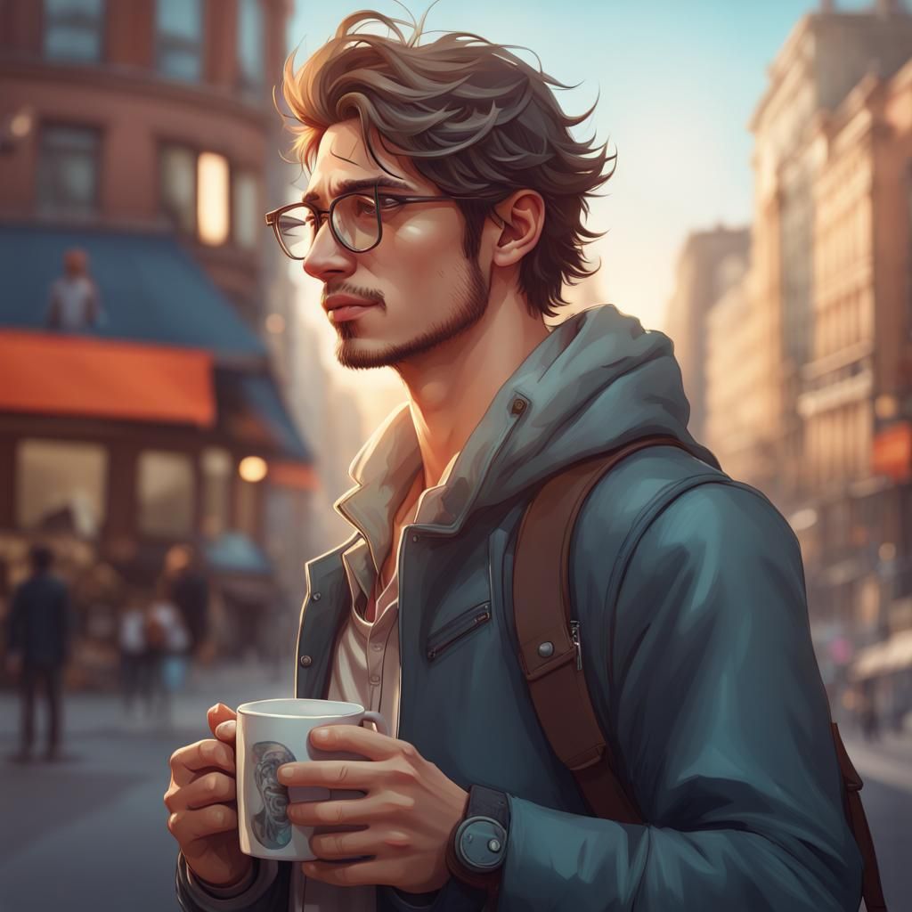 Young Man with Coffee: Hyperdetailed Portrait