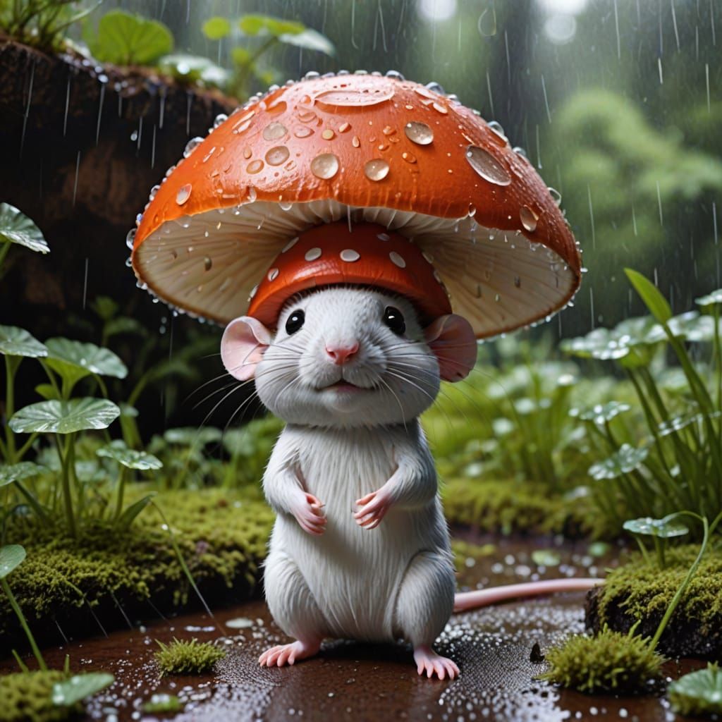 Cute Mouse Keeps Rain Under Big Mushroom