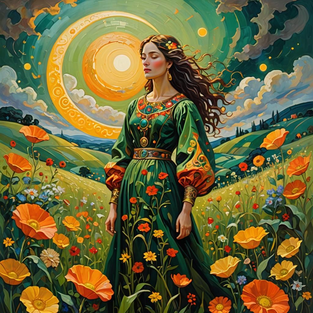 Expressionist Painting: Woman in Field under Swirling Sky