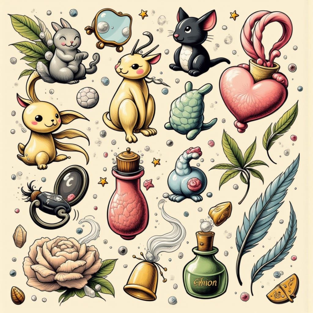 <lora:Tattoo designs:1.0> <lora:Shiny oil:1.0> Pocket Enchan...