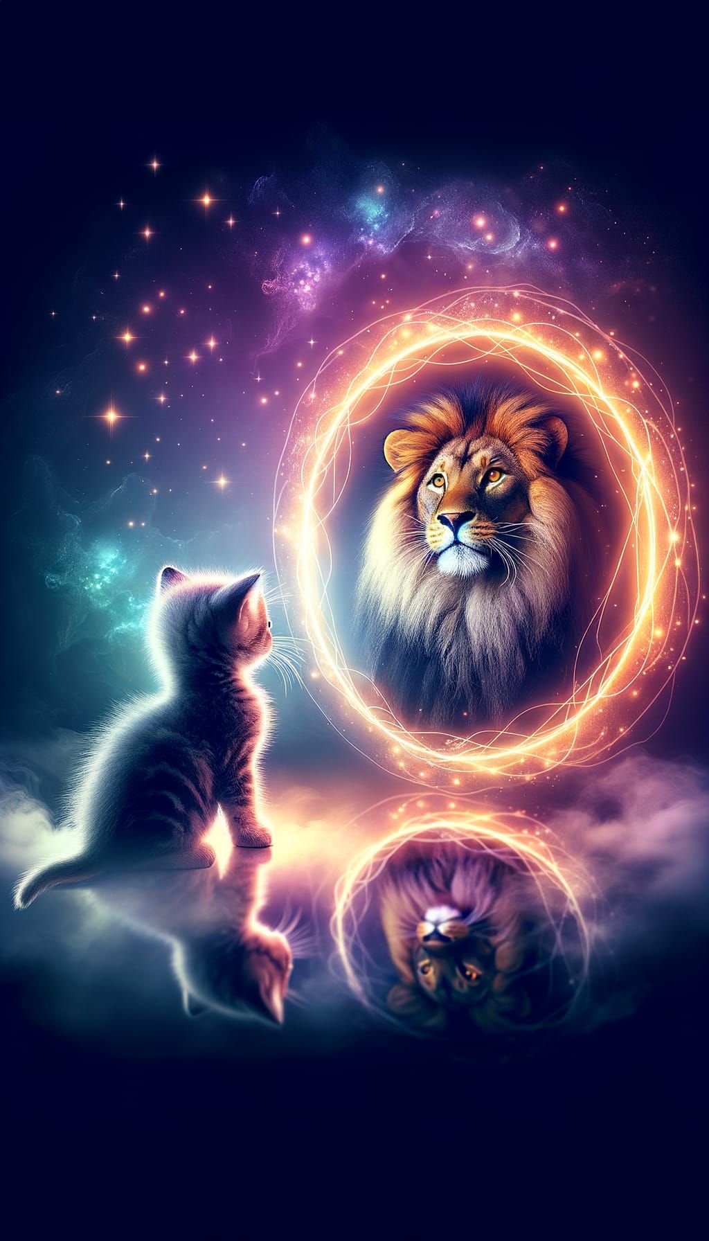 Kitten's Reflection: Lion of Courage in Light