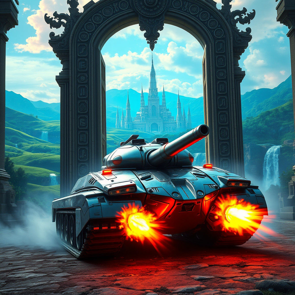 Futuristic Tank Breaching the Gates of Paradise