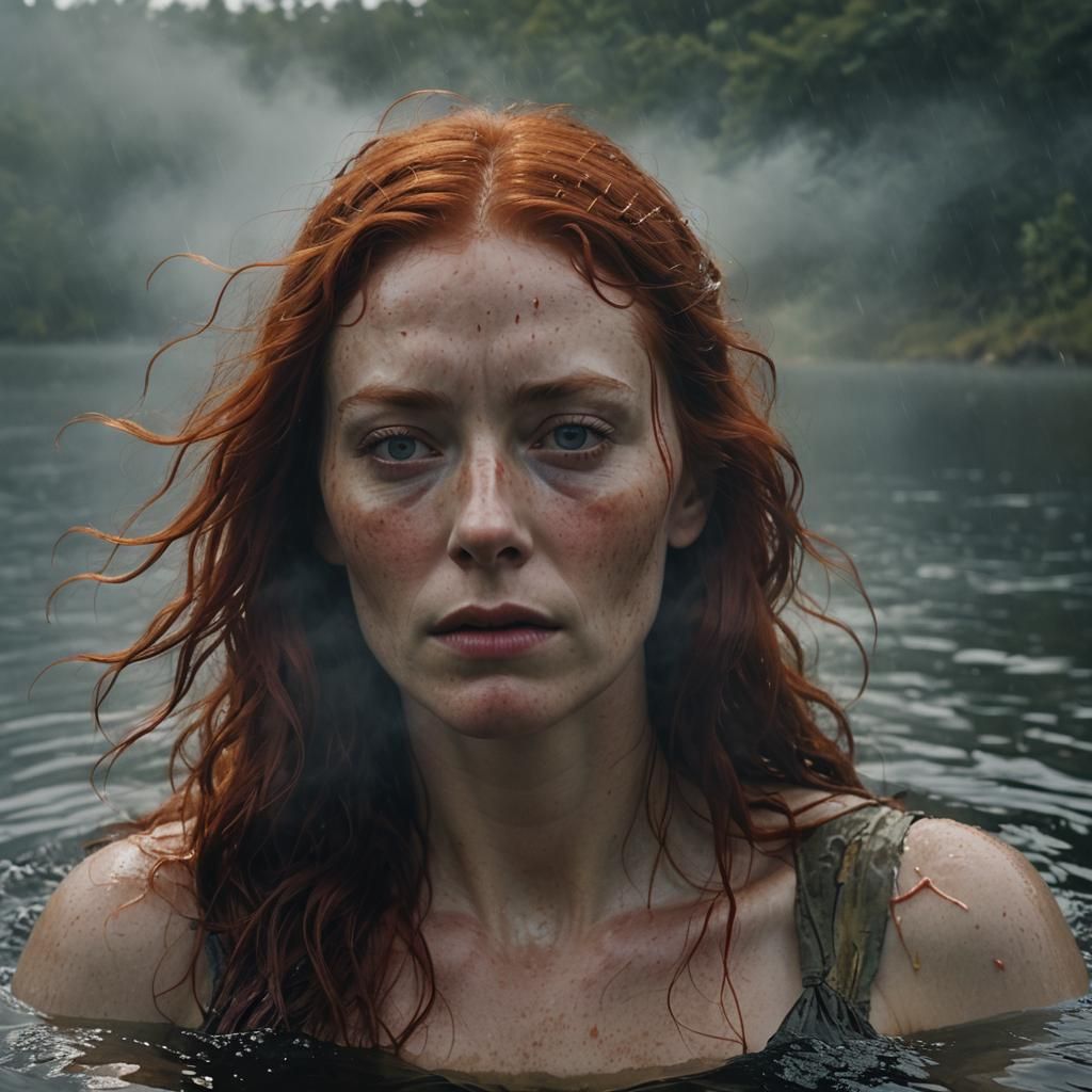 Exhausted Irish woman bathing. Death slowly emerging out the...