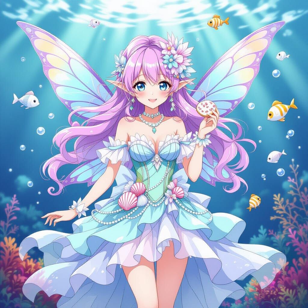 Whimsical Sea Faerie Holding a Cookie, Anime Style