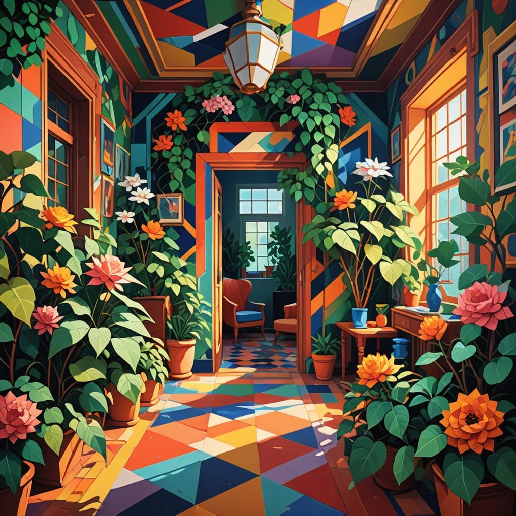 Overgrown Art Deco Interior in Cubist Style