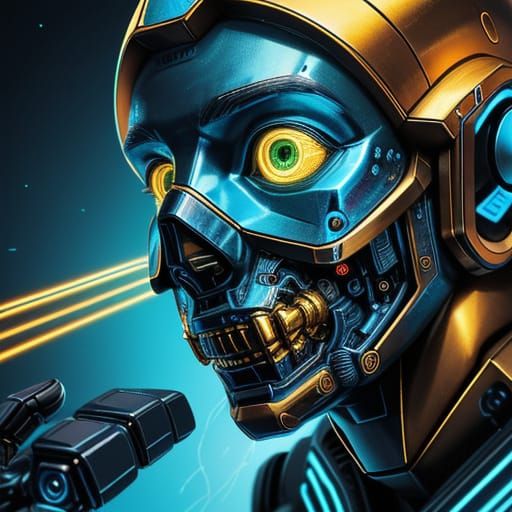 Surreal Robot Consuming Fluoride Tablets in Neon Colors