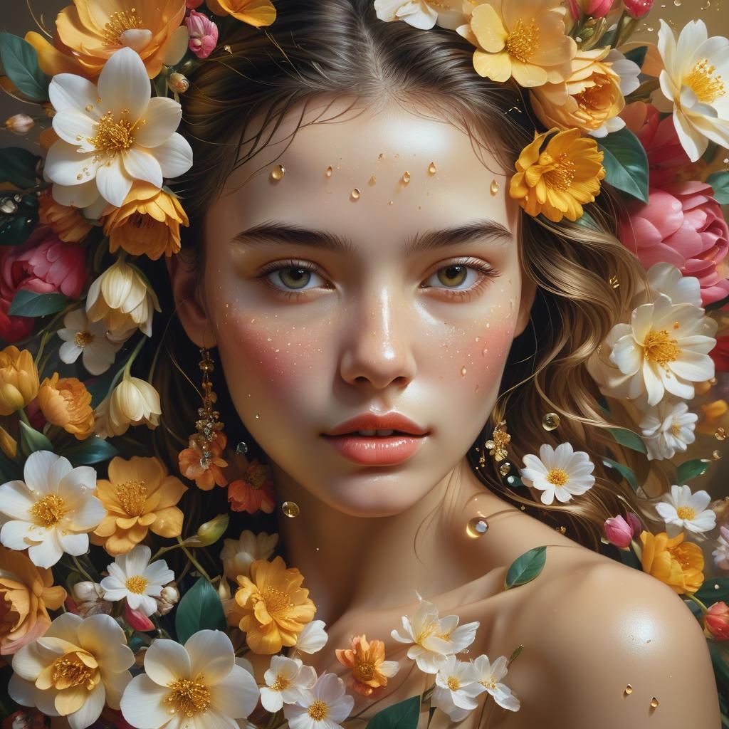 Detailed Portrait of Woman Surrounded by Flowers
