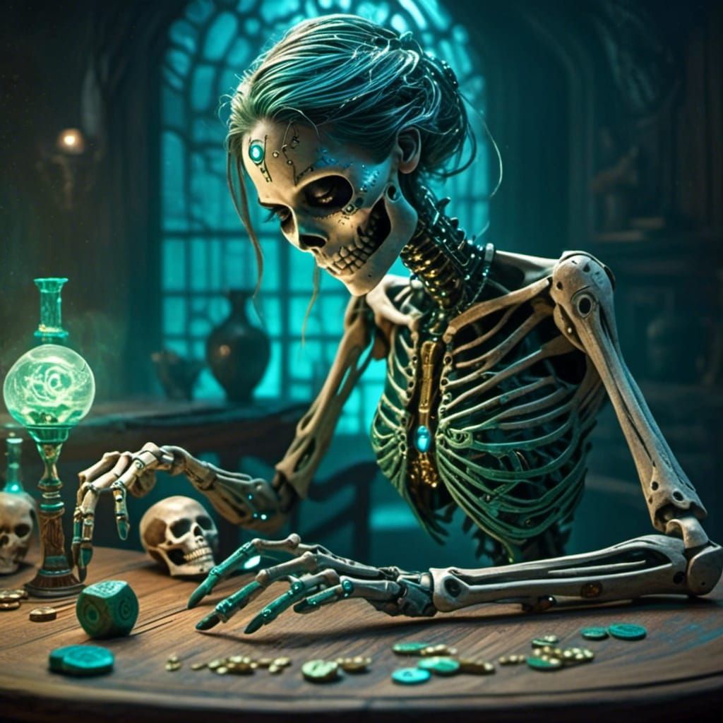 a female skeleton playing a game of bones in the style of  Renoir