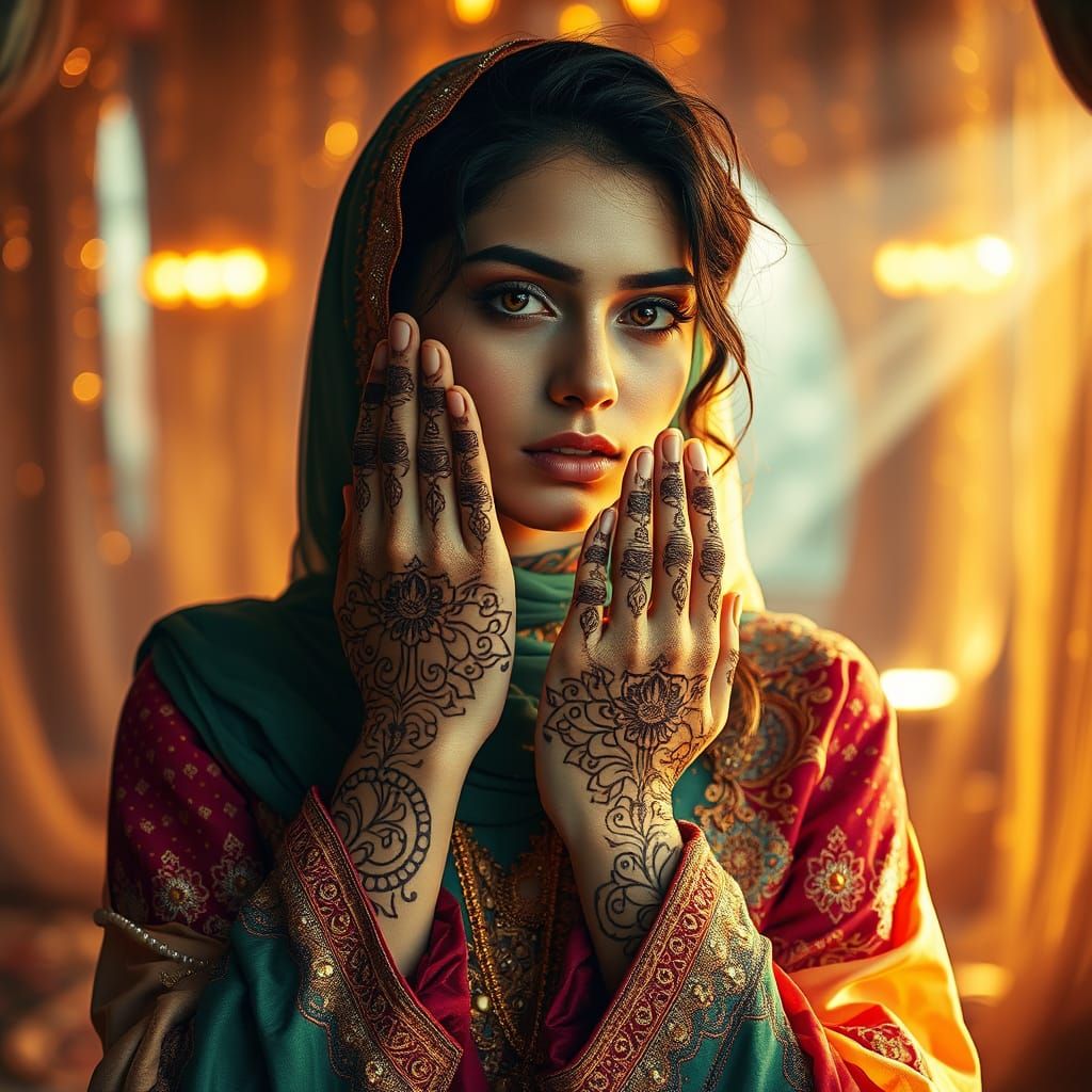 Mystical Woman with Henna in Dreamlike Setting