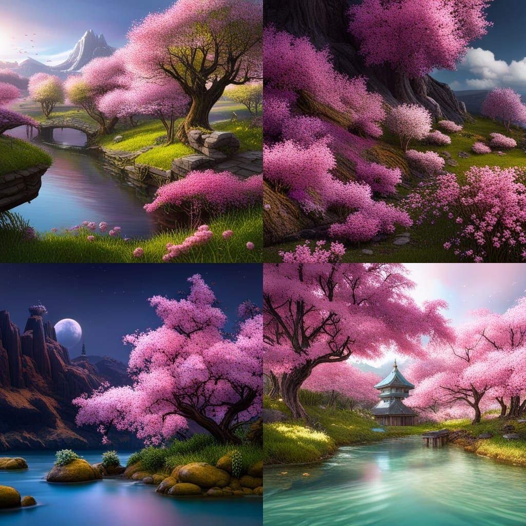 Cherry Blossoms and Bees in Detailed Digital Painting