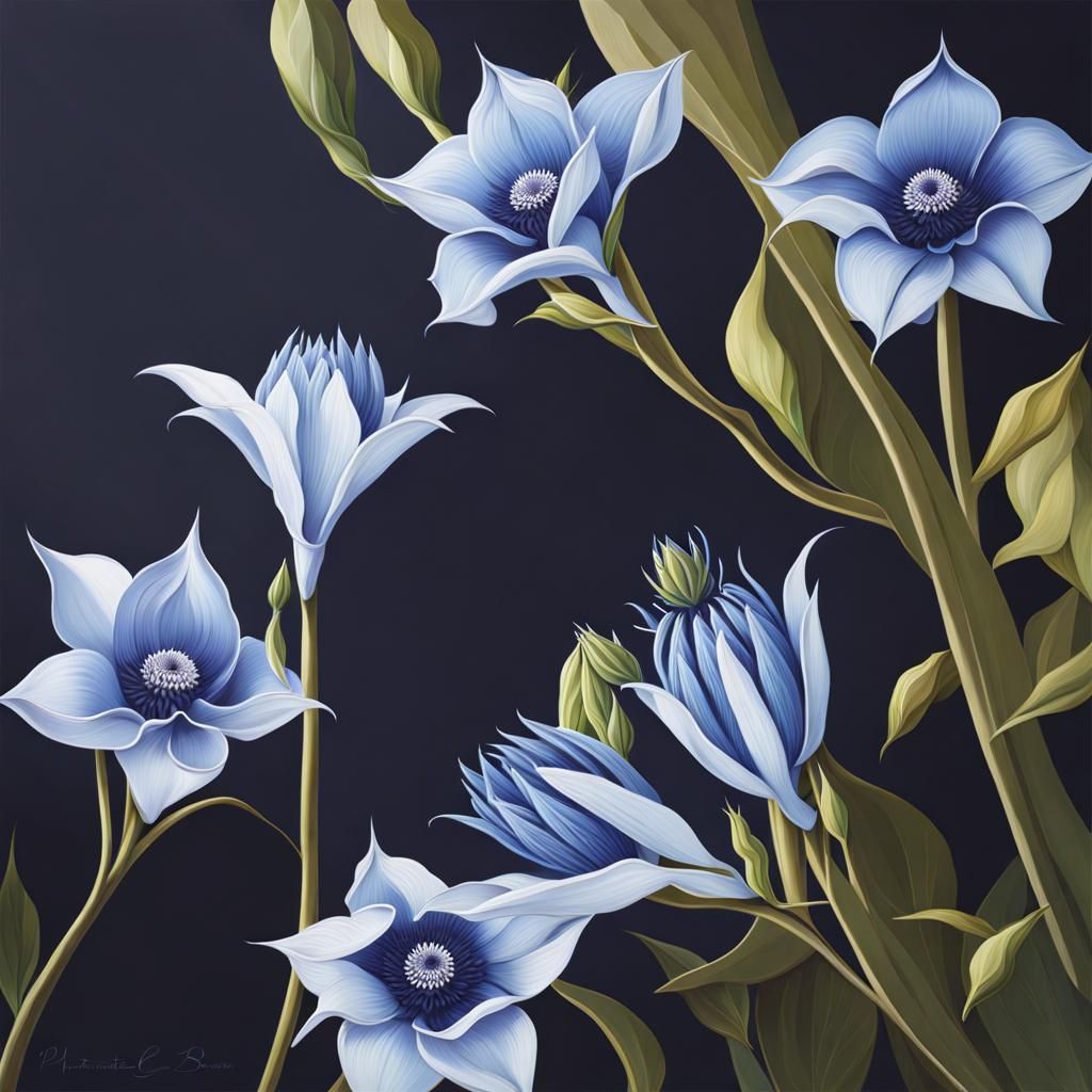 Metallic silver night-blooming cereus shining in the dark bl...