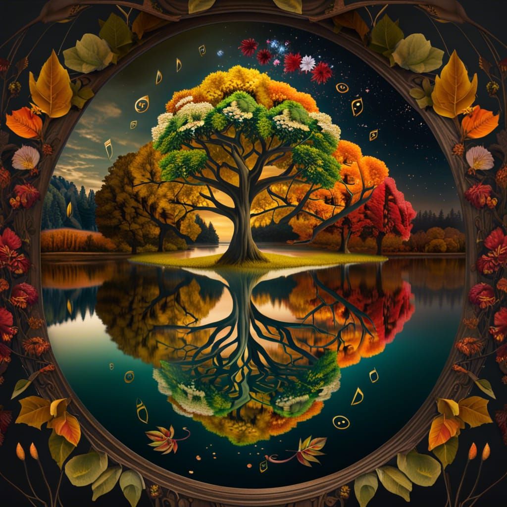 Four Seasons Tree Reflected in Lake