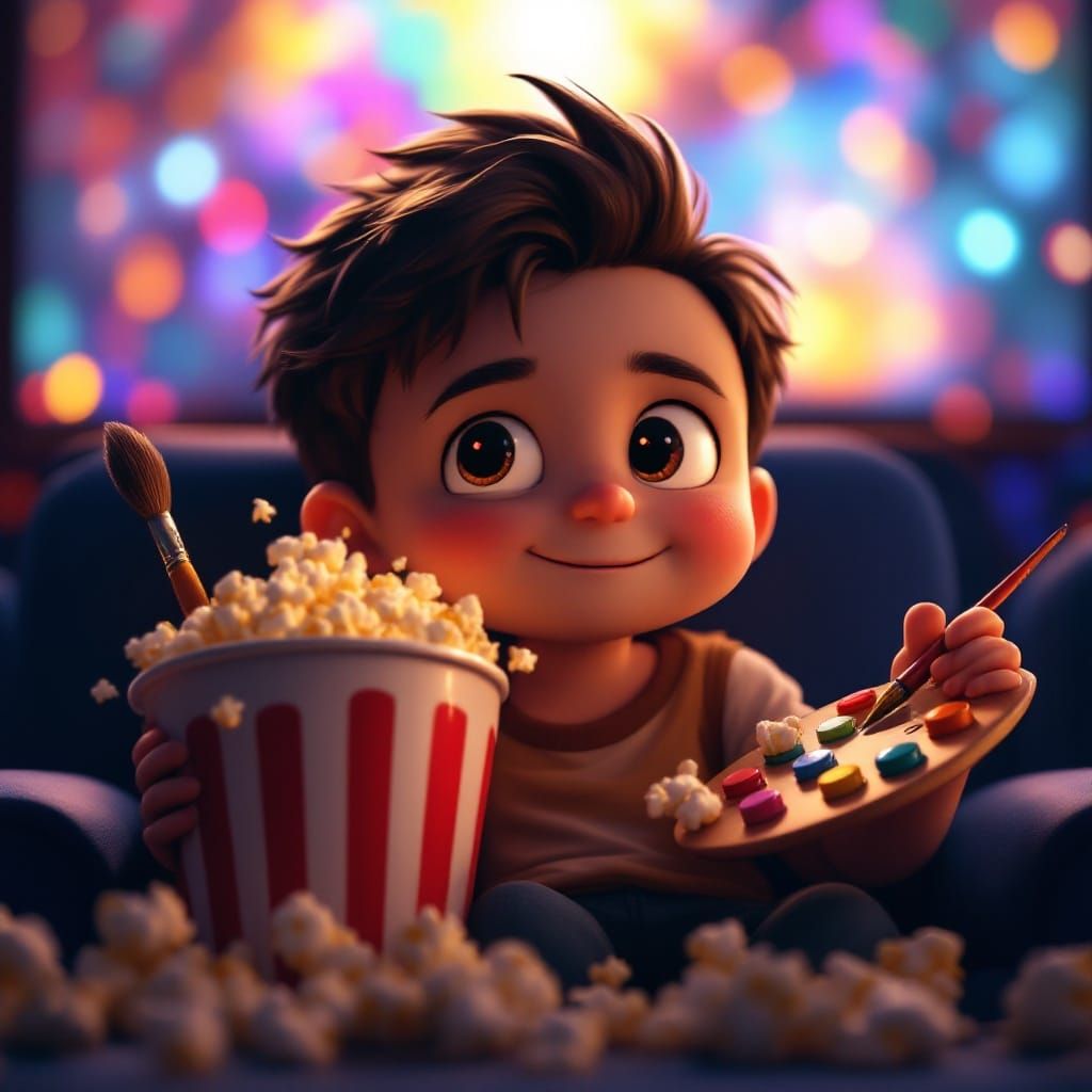Whimsical Chibi Movie Enthusiast in a Popcorn-Filled Theater