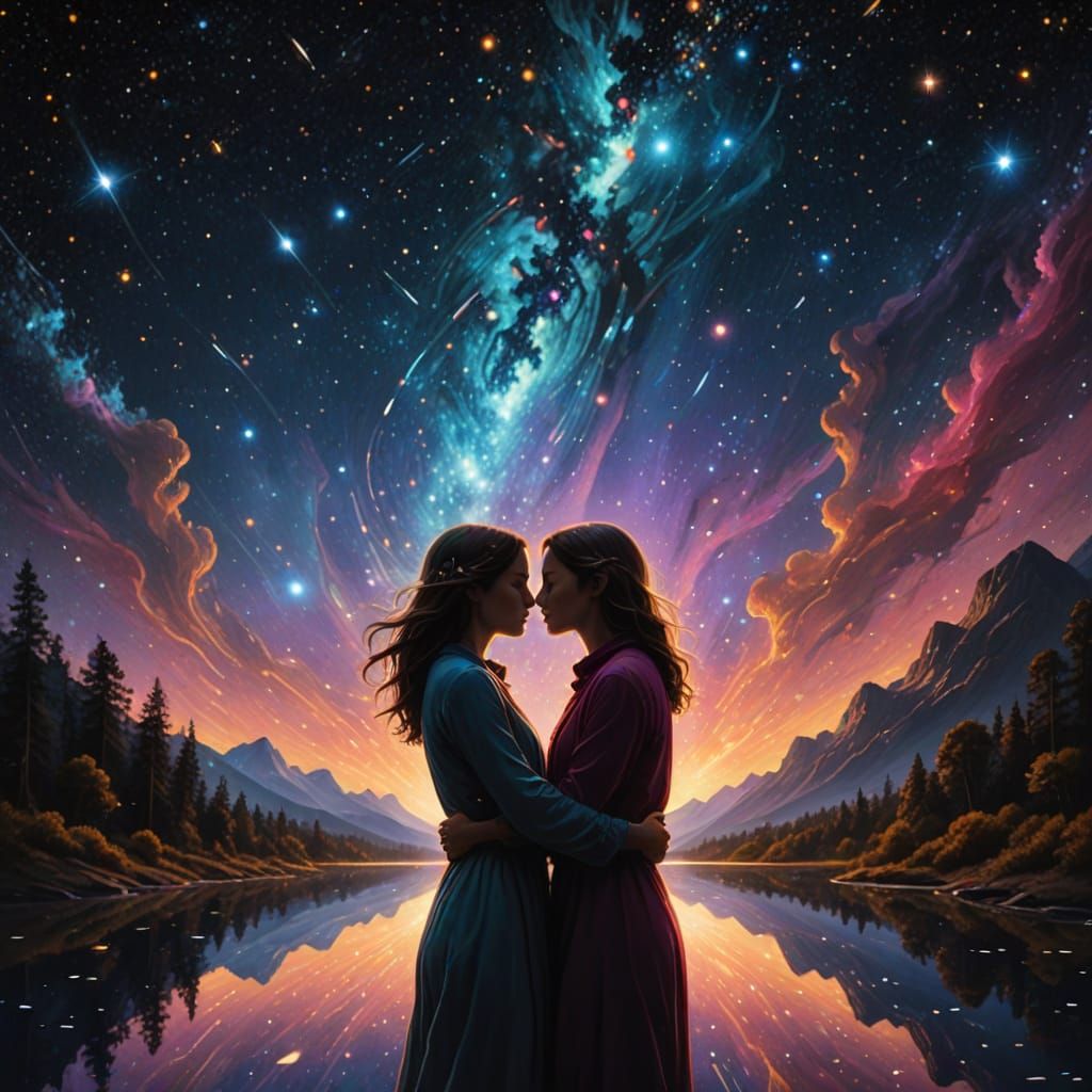 Ethereal Cosmic Beings Entwined in Radiant Love