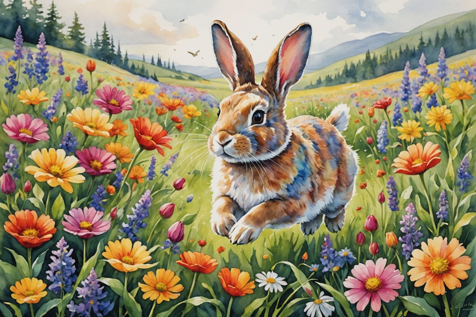 Playful Bunny in Watercolor Flower Field