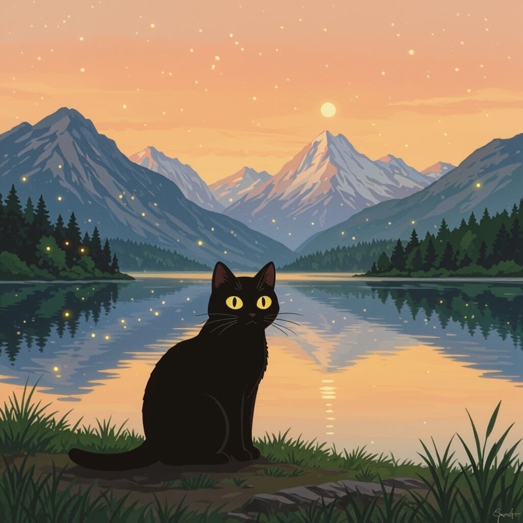 Black Cat Contemplates Lake at Dawn: Miyazaki Style