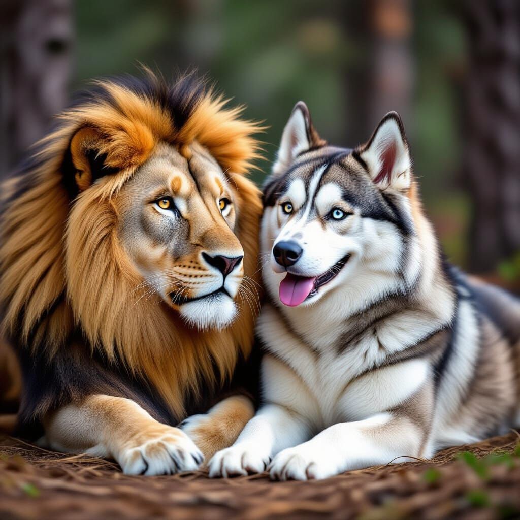 Lion and Husky Play Near Woods