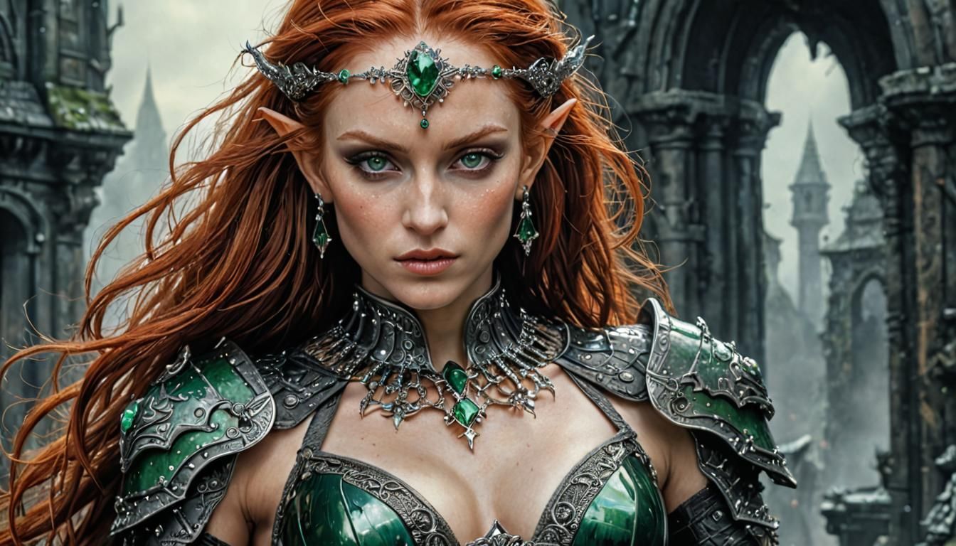 Redhead Elf in Emerald Armor, Hyperrealistic Art