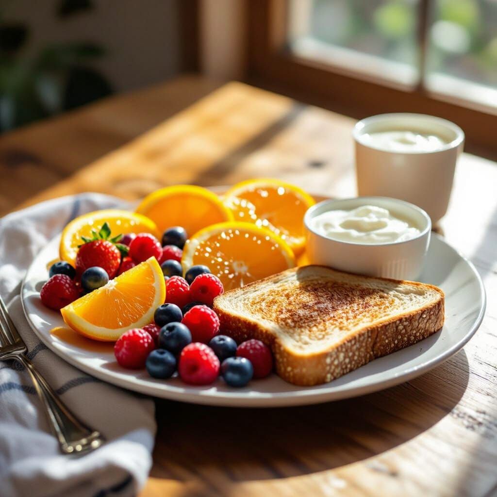 Vibrant Breakfast Plate with Fresh Fruits and Sunlight